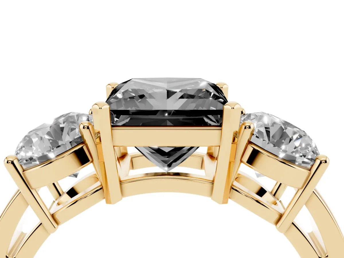 Fancy Black Three-Stone Princess Cut Diamond Ring with Round Side Stones, Classic Band, and Four-Prong Setting Yellow gold