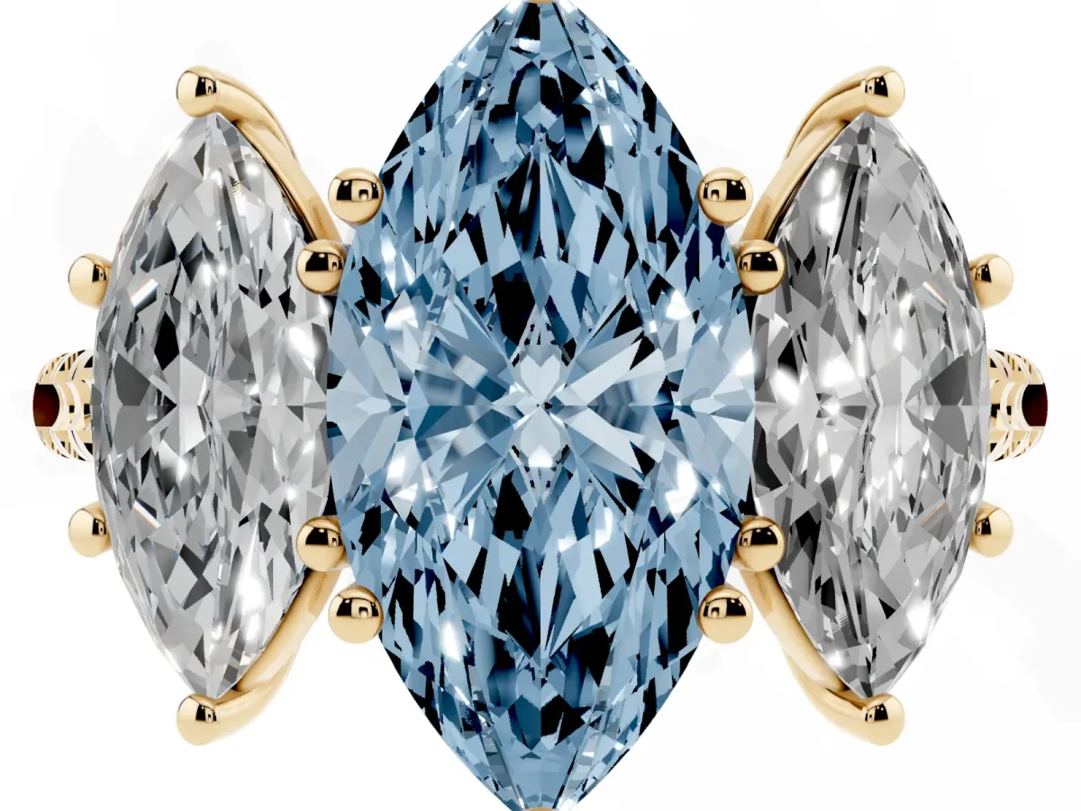 Fancy Blue Three-Stone Marquise Cut Diamond Ring with Round Pavé Band and Prong Setting Yellow gold