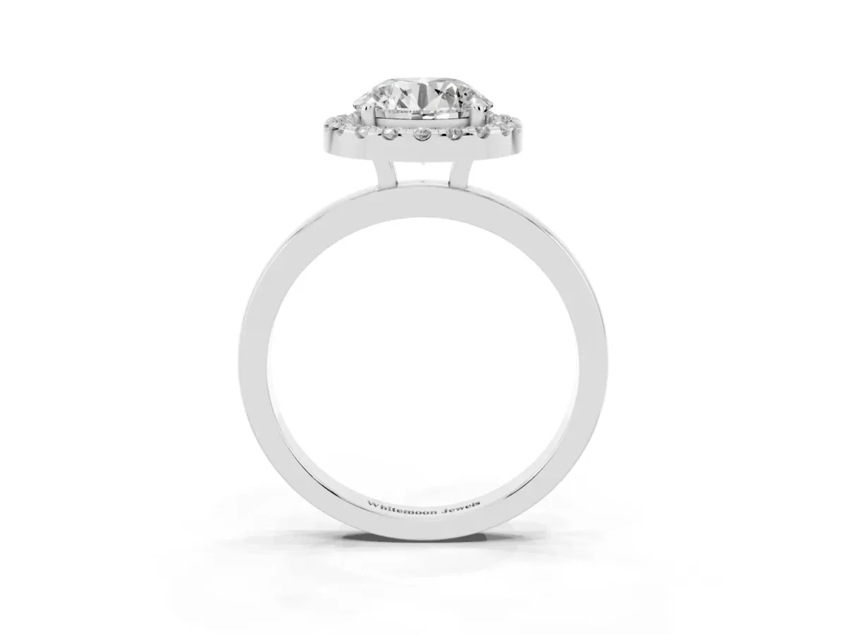 Round Cut Halo Diamond Solitaire with Pavé Band and Four-Prong Setting Silver