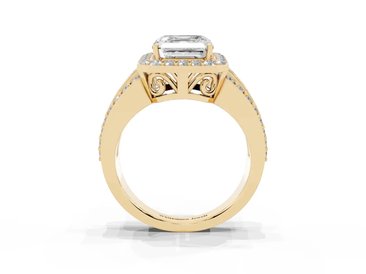 Asscher Cut Halo Diamond Ring with Round Split Shank and Prong Setting Yellow gold