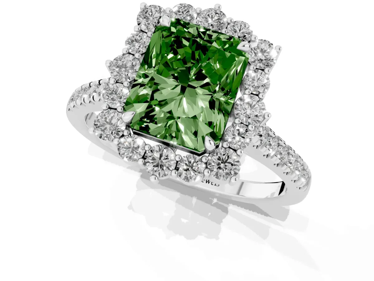 Fancy Green Radiant Cut Halo Diamond Ring with Pavé Band and Prong Setting Silver