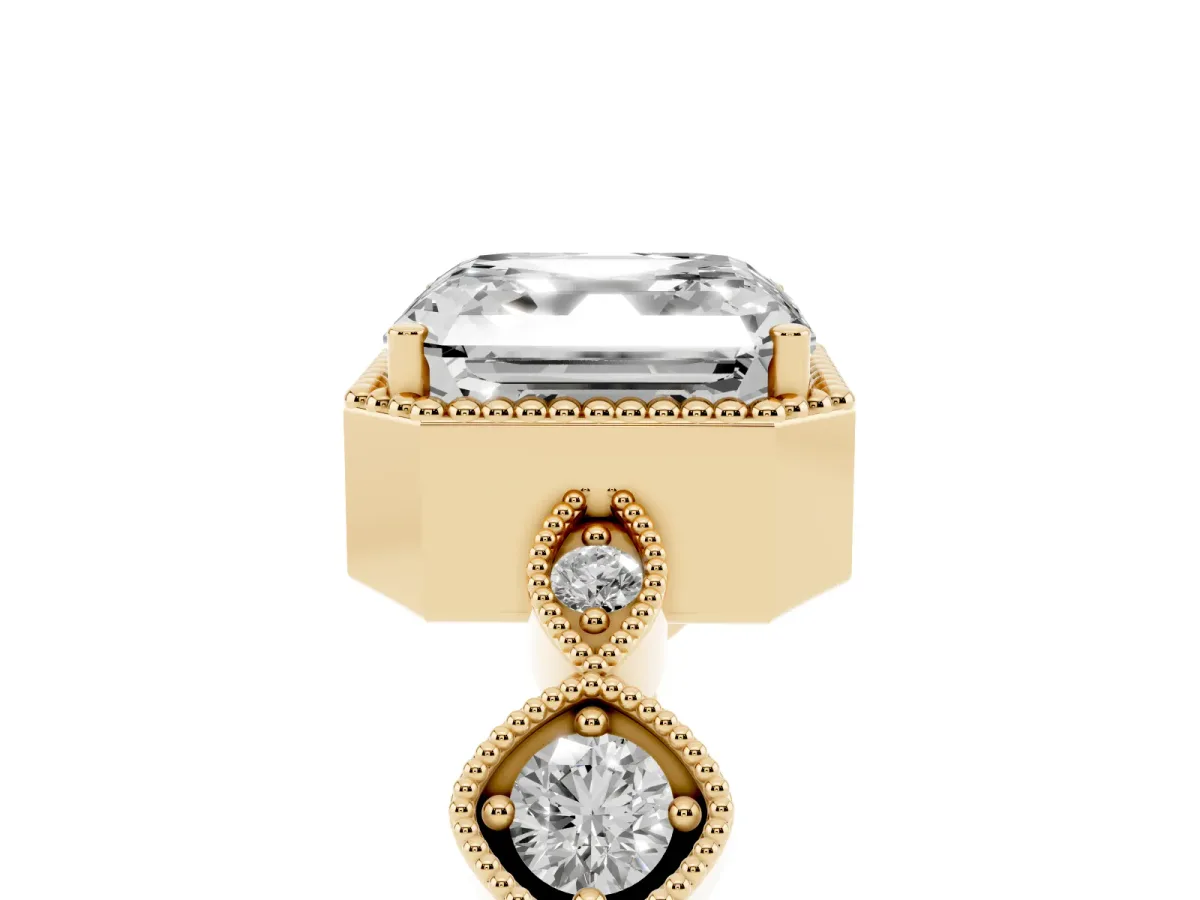 Asscher Cut Diamond Vintage Milgrain Ring with Round Stations Yellow gold