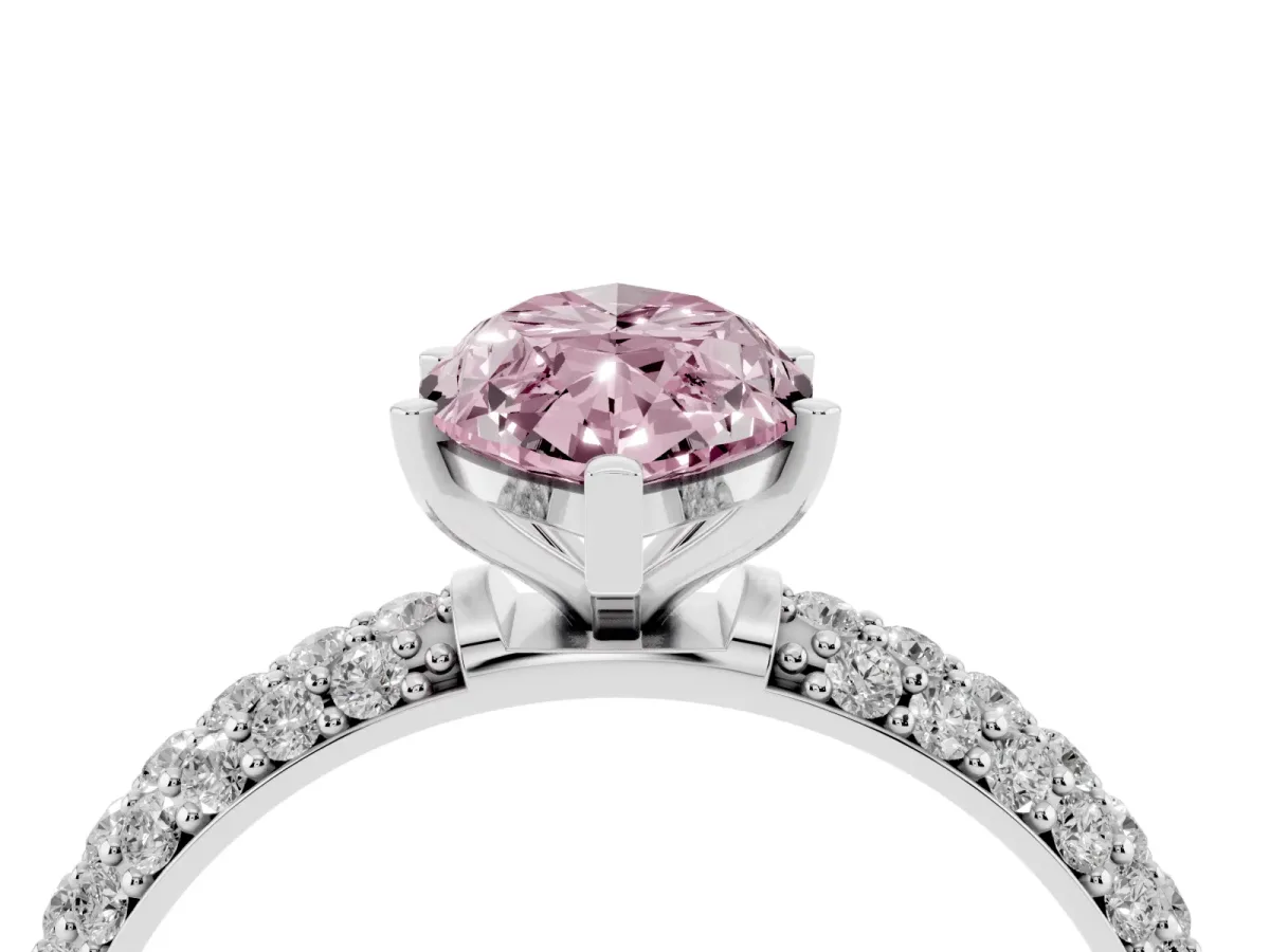 Fancy Pink Marquise Cut Diamond Solitaire Ring with Prong Setting and Pavé Band Silver