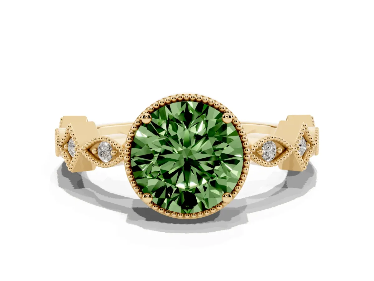 Fancy Green Round Cut Milgrain Marquise Diamond Twist Band Ring Yellow gold