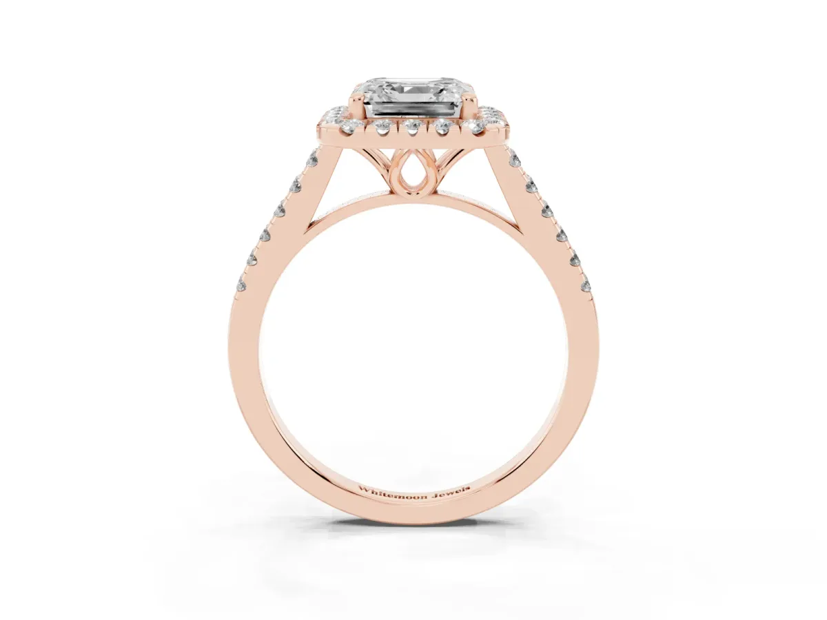 Asscher Cut Halo Pavé Diamond Engagement Ring with Four-Prong Setting Rose gold