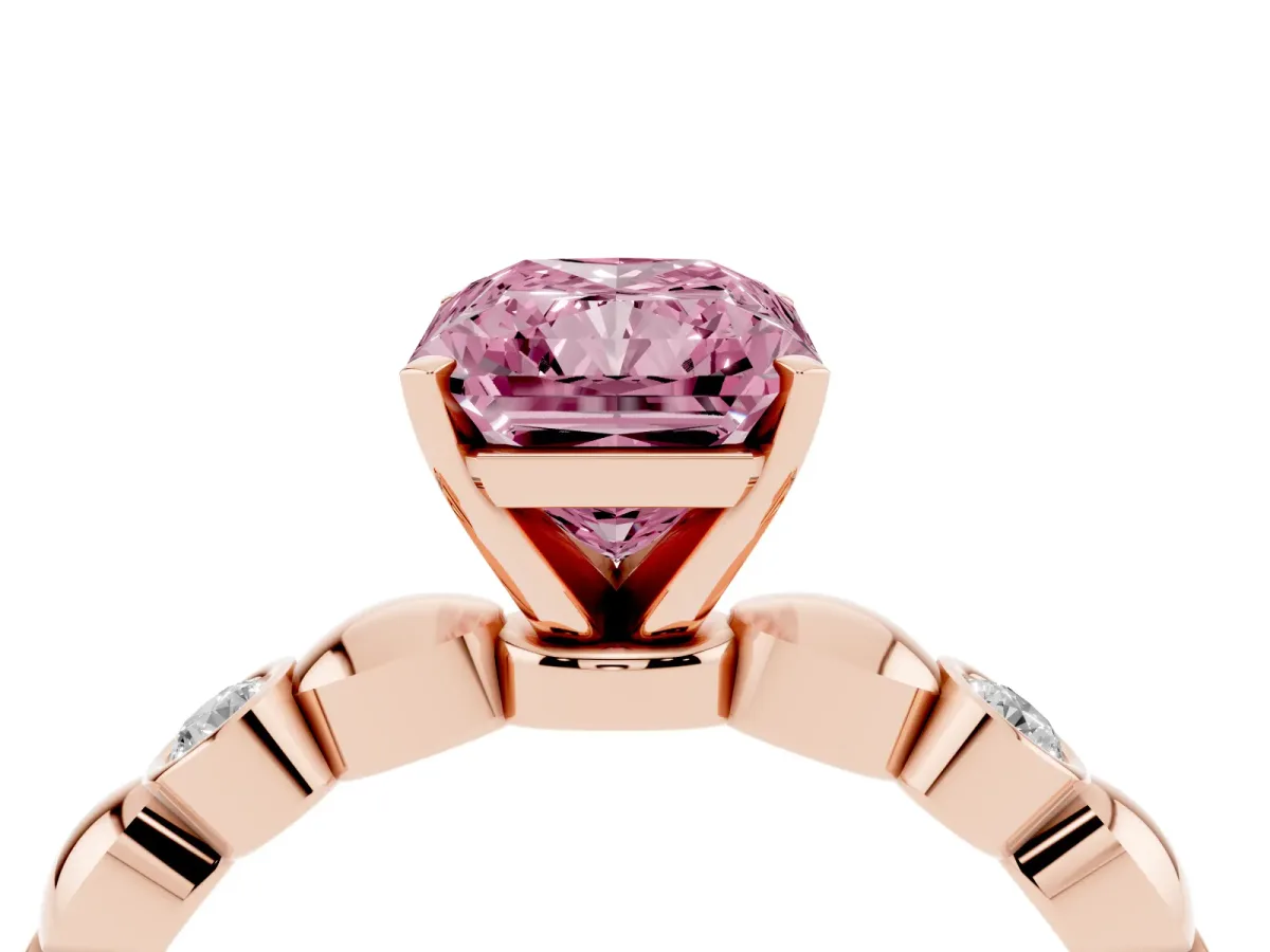 Fancy Pink Radiant Cut Solitaire Bezel-Set Diamond Ring with Beaded Band and Four-Prong Setting Rose gold