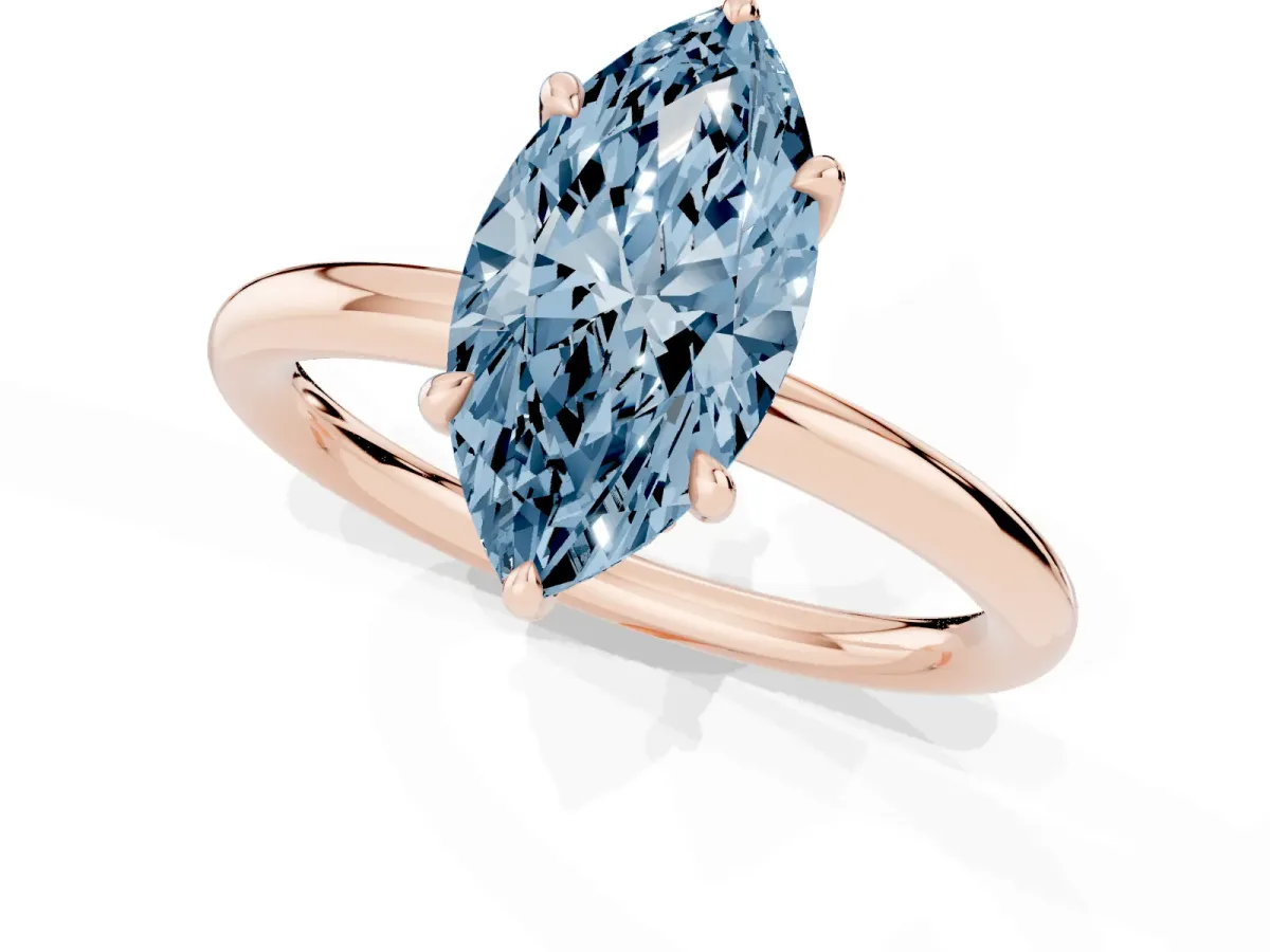Fancy Blue Marquise Cut Diamond Solitaire Ring with Thin Band and Four-Prong Setting Rose gold