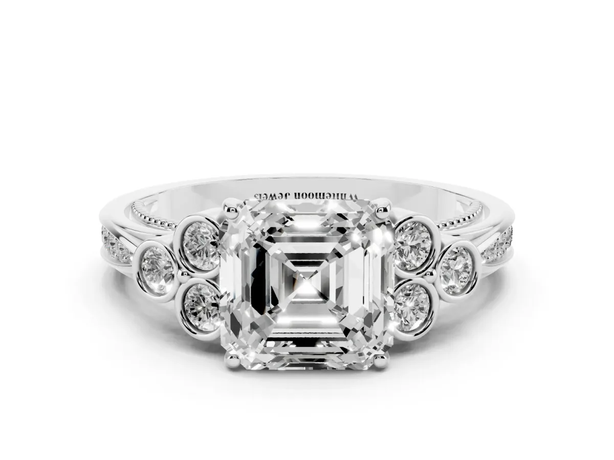 Asscher Cut Cut Diamond Engagement Ring with Bezel Set Round Side Stones and Prong Setting White gold