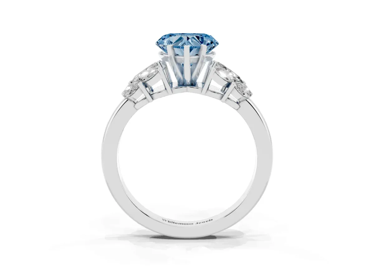 Fancy Blue Heart Cut Diamond Cluster Leaf Design Ring with Prong Setting Platinum