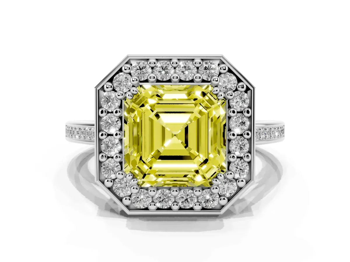 Fancy Yellow Asscher Cut Diamond Halo Ring with Split Shank and Four-Prong Setting Silver