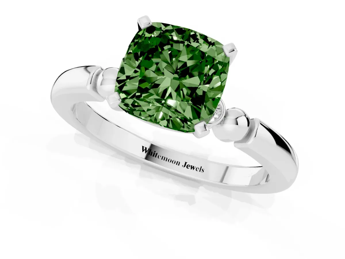 Fancy Green Cushion Cut Solitaire Beaded Band with Four-Prong Setting Silver