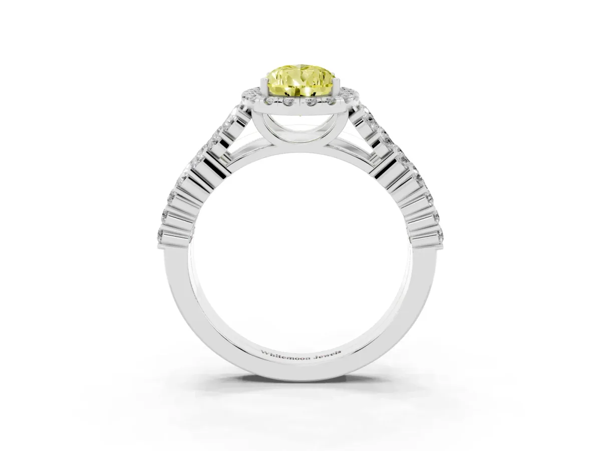 Fancy Yellow Pear Cut Diamond Halo Engagement Ring with Triple Row Round Pavé Band and Prong Setting Silver