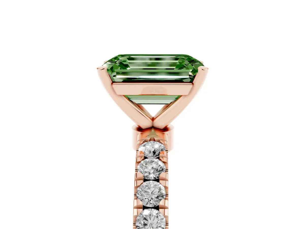 Fancy Green Emerald Cut Diamond Solitaire Ring with Pavé Accents and Four-Prong Setting Rose gold