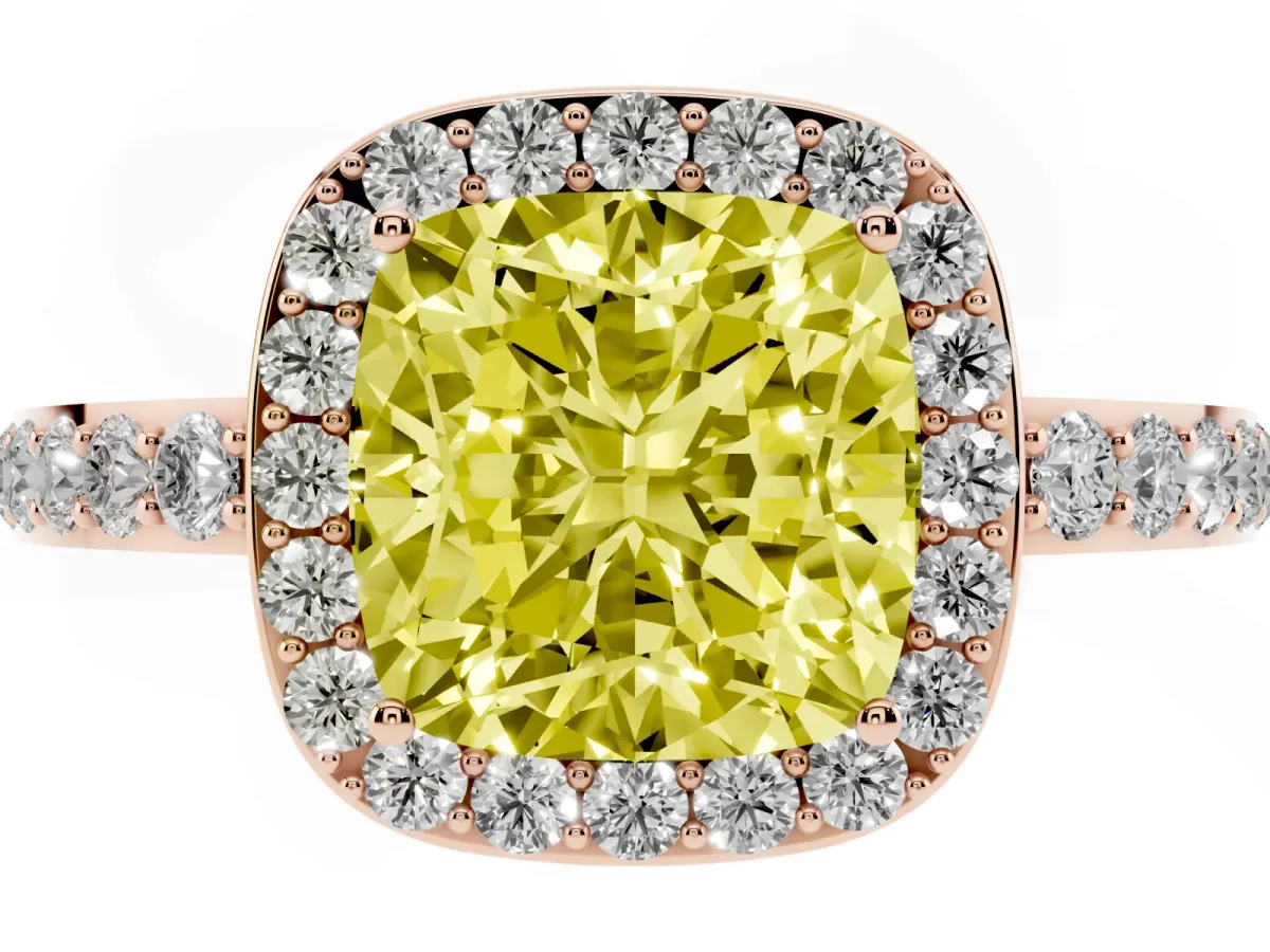 Fancy Yellow Cushion Cut Halo Diamond Pavé Band Ring with Prong Setting Rose gold