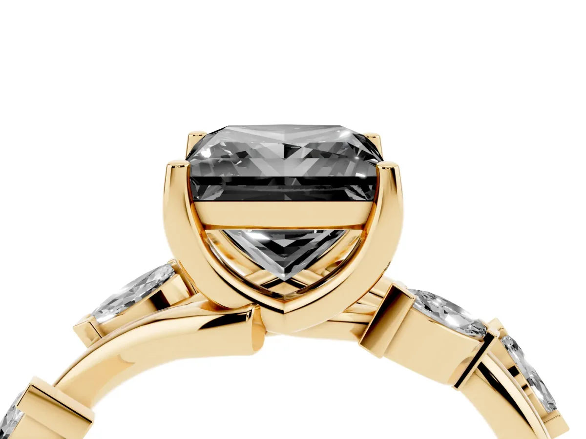 Fancy Black Princess Cut Solitaire Twisted Band Marquise Accent Prong Setting Ring Yellow gold
