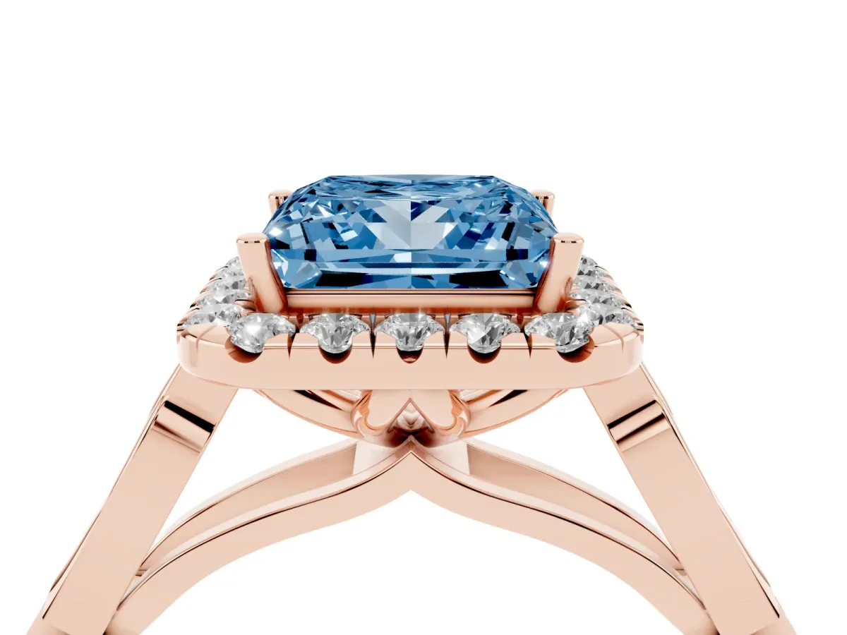 Fancy Blue Princess Cut Halo Diamond Engagement Ring with Filigree Band and Four-Prong Setting Rose gold