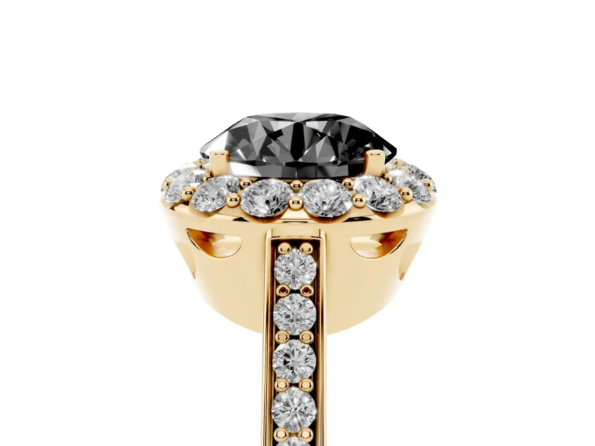 Fancy Black Round Cut Diamond Floral Halo Ring with Pavé Band and Prong Setting Yellow gold
