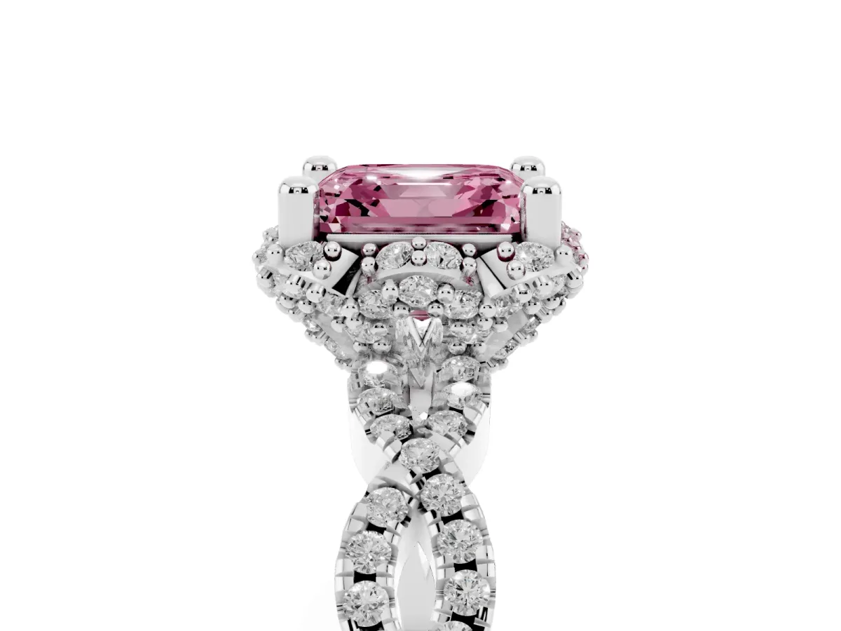 Fancy Pink Asscher Cut Halo Twist Band Solitaire Ring with Six-Prong Setting Silver