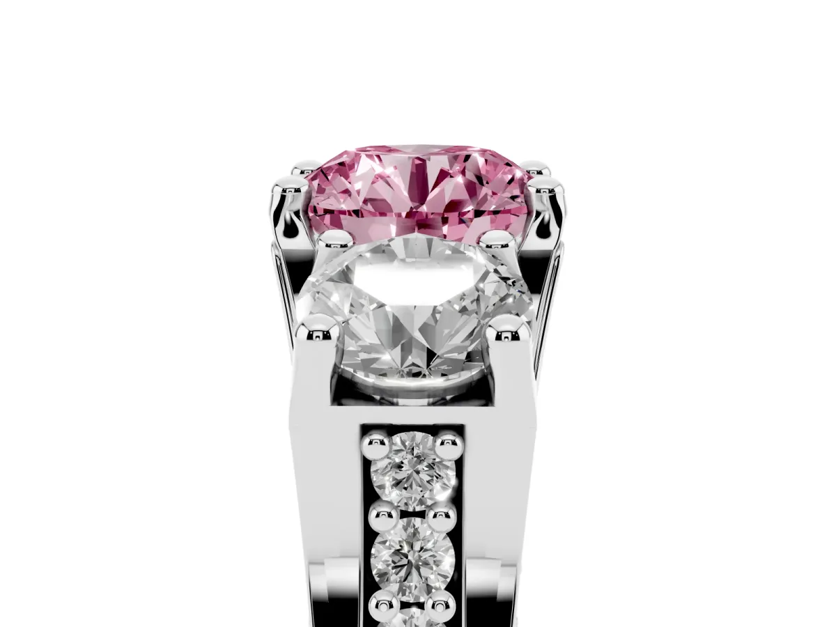 Fancy Pink Round Cut Diamond Three-Stone Ring with Channel Set Band and Four-Prong Setting Silver