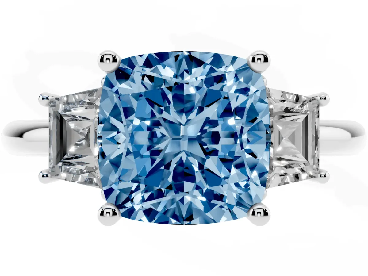 Fancy Blue Cushion Cut Diamond Three-Stone Ring with Trapezoid Side Stones and Prong Setting Platinum