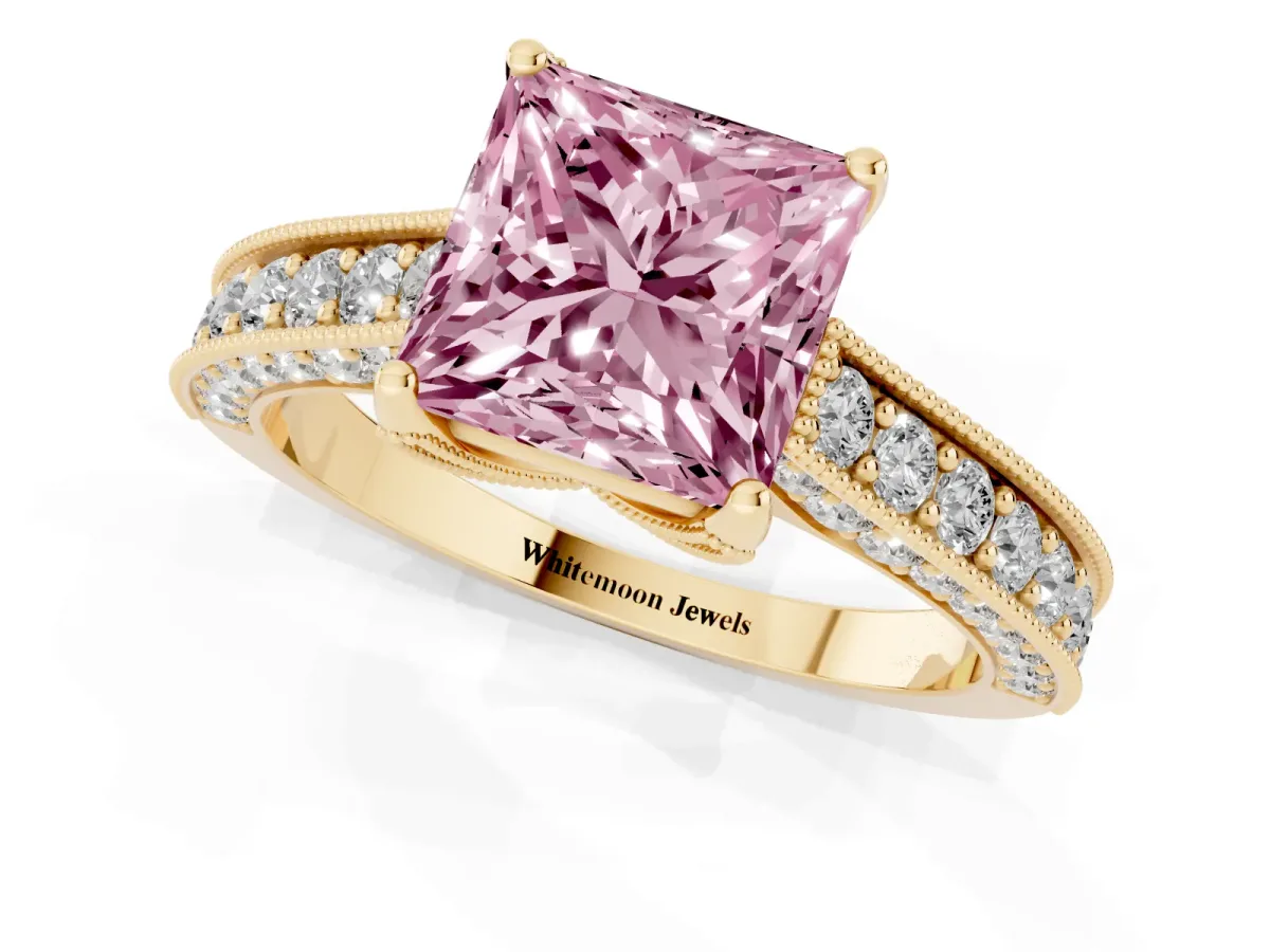 Fancy Pink Princess Cut Cut Diamond Solitaire Ring with Milgrain Pave Band and Four Prong Setting Yellow gold
