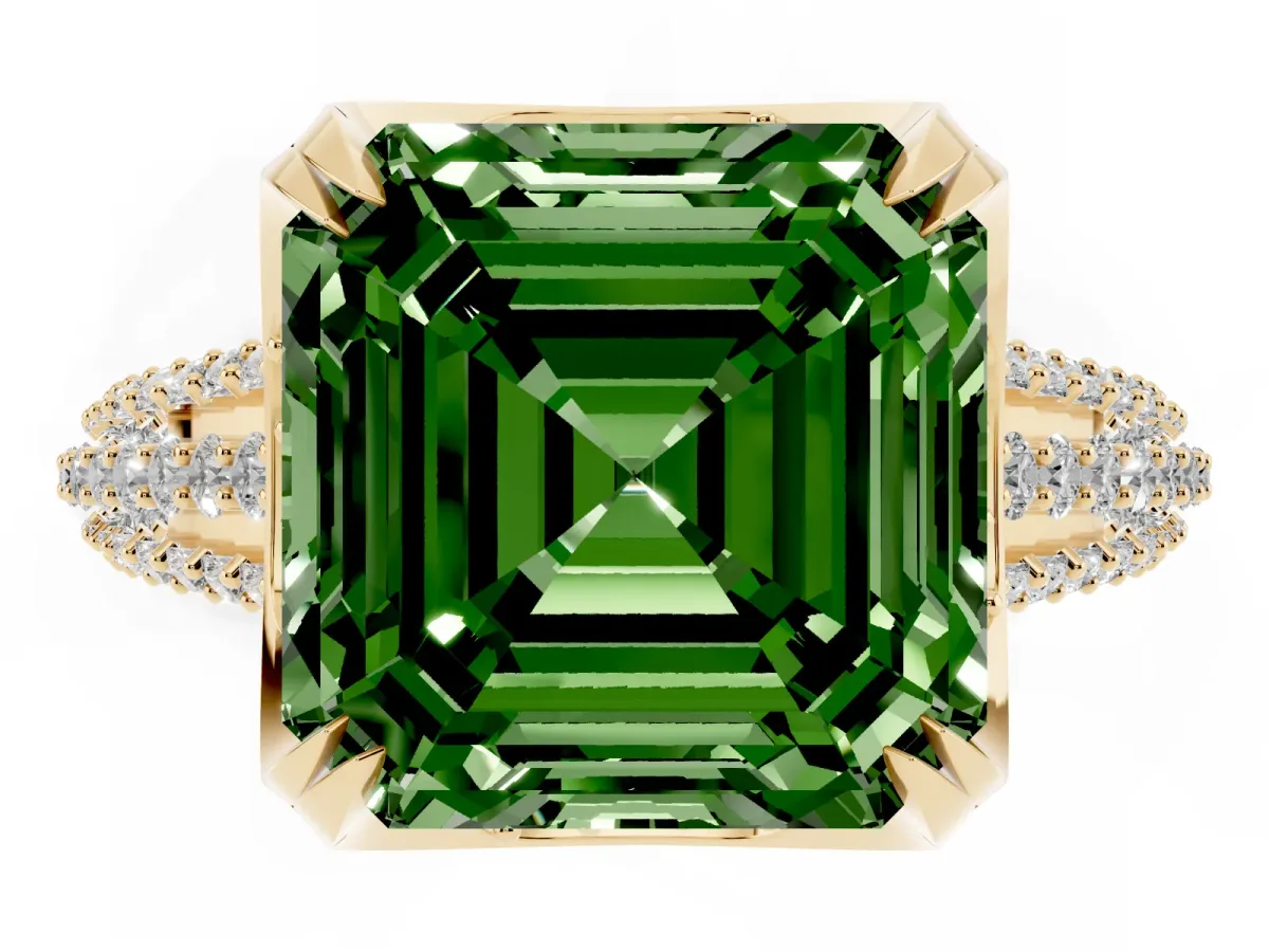 Fancy Green Asscher Cut Solitaire Pave Split Shank Ring with Four-Prong Setting Yellow gold