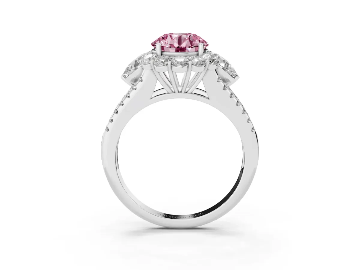 Fancy Pink Round Cut Halo Split Shank Diamond Engagement Ring with Prong Setting Platinum
