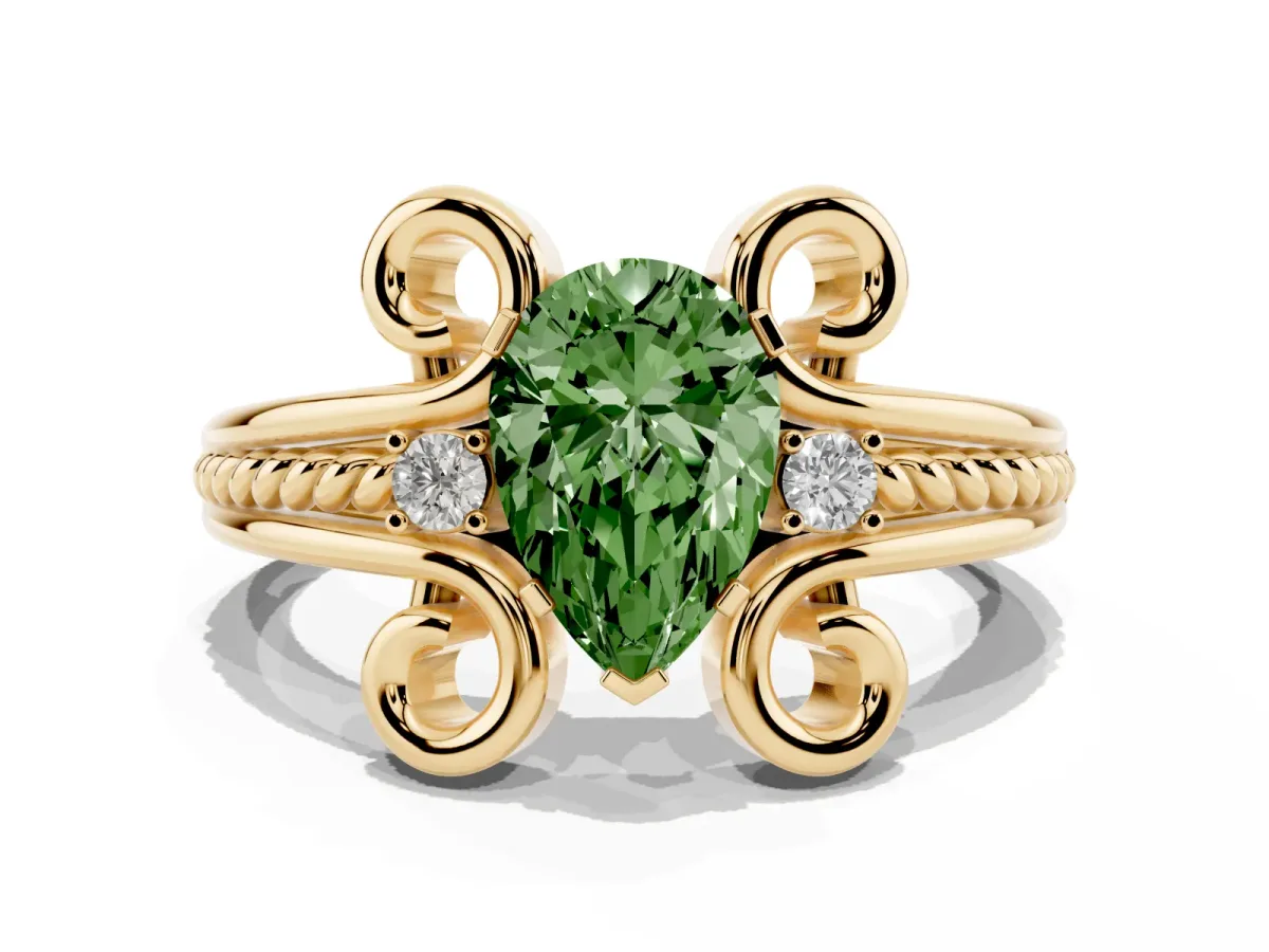 Fancy Green Pear Cut Solitaire Twisted Band Scroll Prong Ring Yellow gold