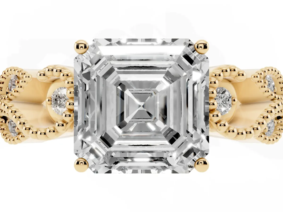 Asscher Cut Solitaire Milgrain Leaf Band with Prong Setting Yellow gold