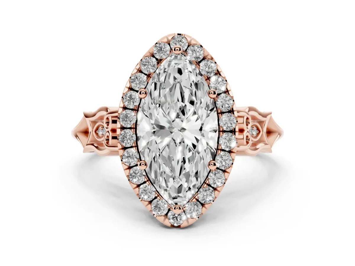 Marquise Cut Halo Diamond Engagement Ring with Filigree Band and Four-Prong Setting Rose gold