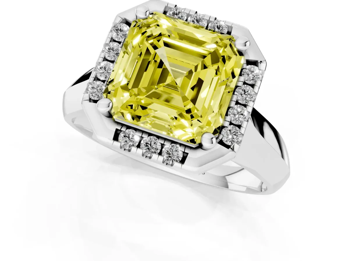 Fancy Yellow Asscher Cut Cut Halo Solitaire Engagement Ring with Square Band and Four-Prong Setting Platinum