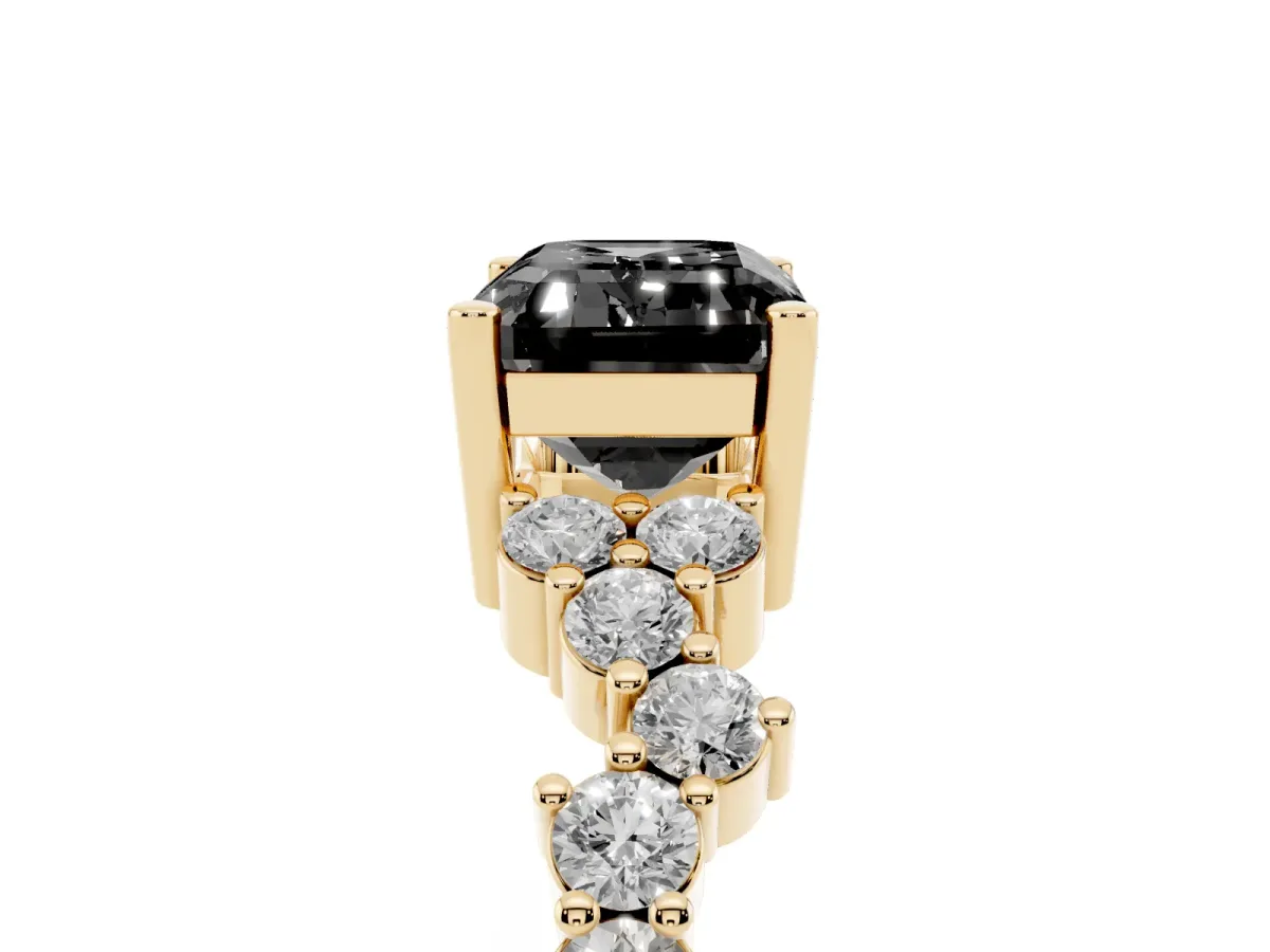 Fancy Black Emerald Cut Diamond Scattered Round Accent Ring with Prong Setting Yellow gold