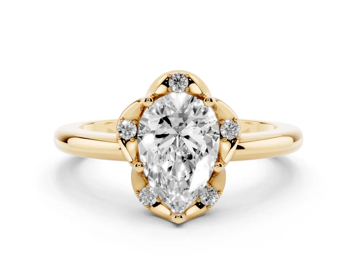 Pear Cut Halo Diamond Ring with Round Cluster Setting, Solitaire Band, and Four-Prong Setting Yellow gold