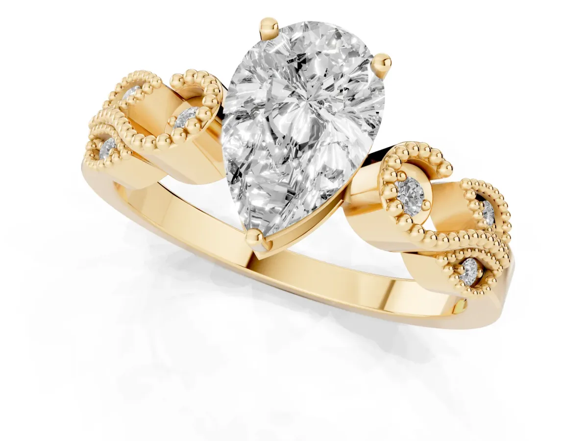 Pear Cut Solitaire Milgrain Leaf Band with Prong Setting Yellow gold