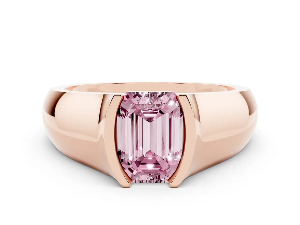Fancy Pink Emerald Cut Solitaire Bezel Set Diamond Ring with Wide Band Rose gold