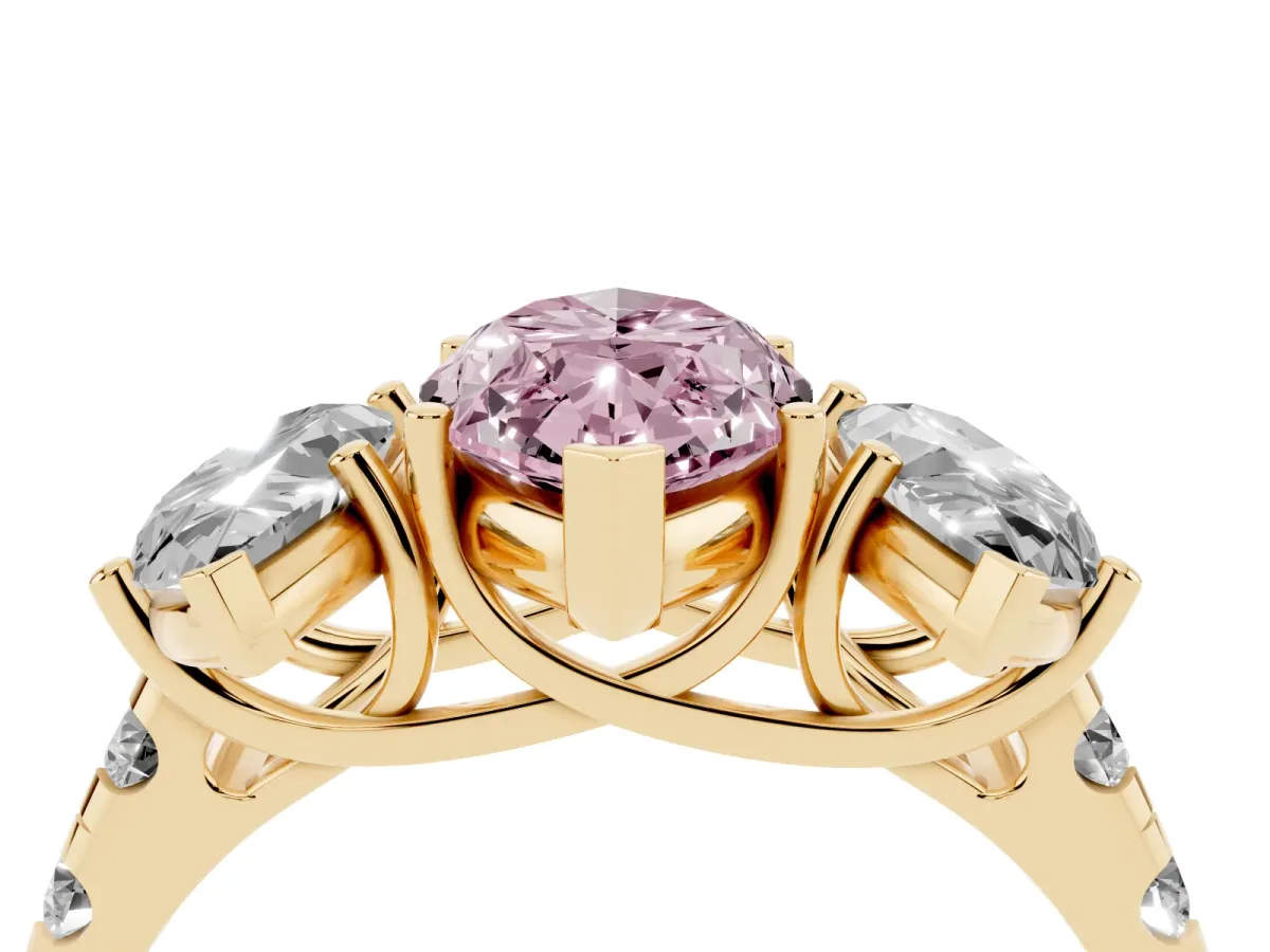 Fancy Pink Three-Stone Marquise Cut Diamond Pavé Band with Prong Setting Yellow gold