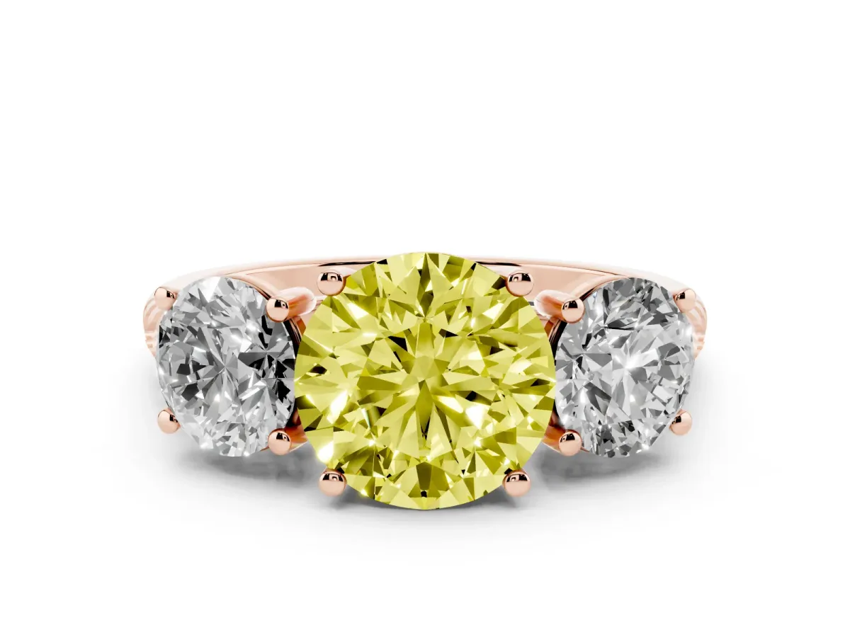 Fancy Yellow Three-Stone Round Cut Diamond Ring with Round Pavé Band and Prong Setting Rose gold