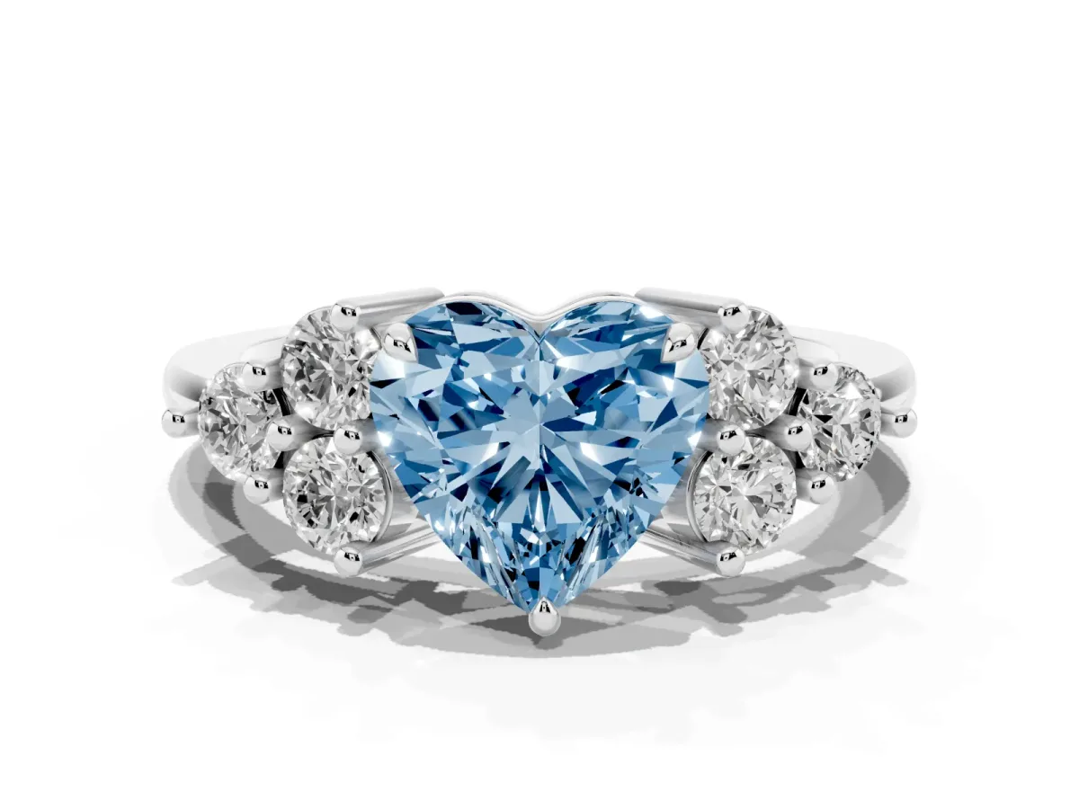 Fancy Blue Heart Cut Brilliant Diamond Cluster Accent Solitaire Ring with Prong Setting Platinum