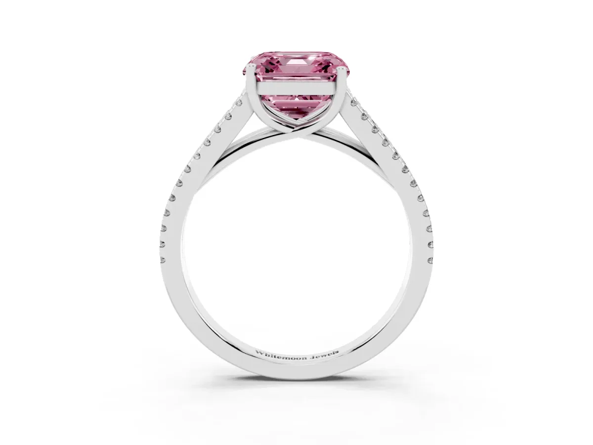 Fancy Pink Asscher Cut Diamond Solitaire Engagement Ring with Split Shank Pavé Band Platinum