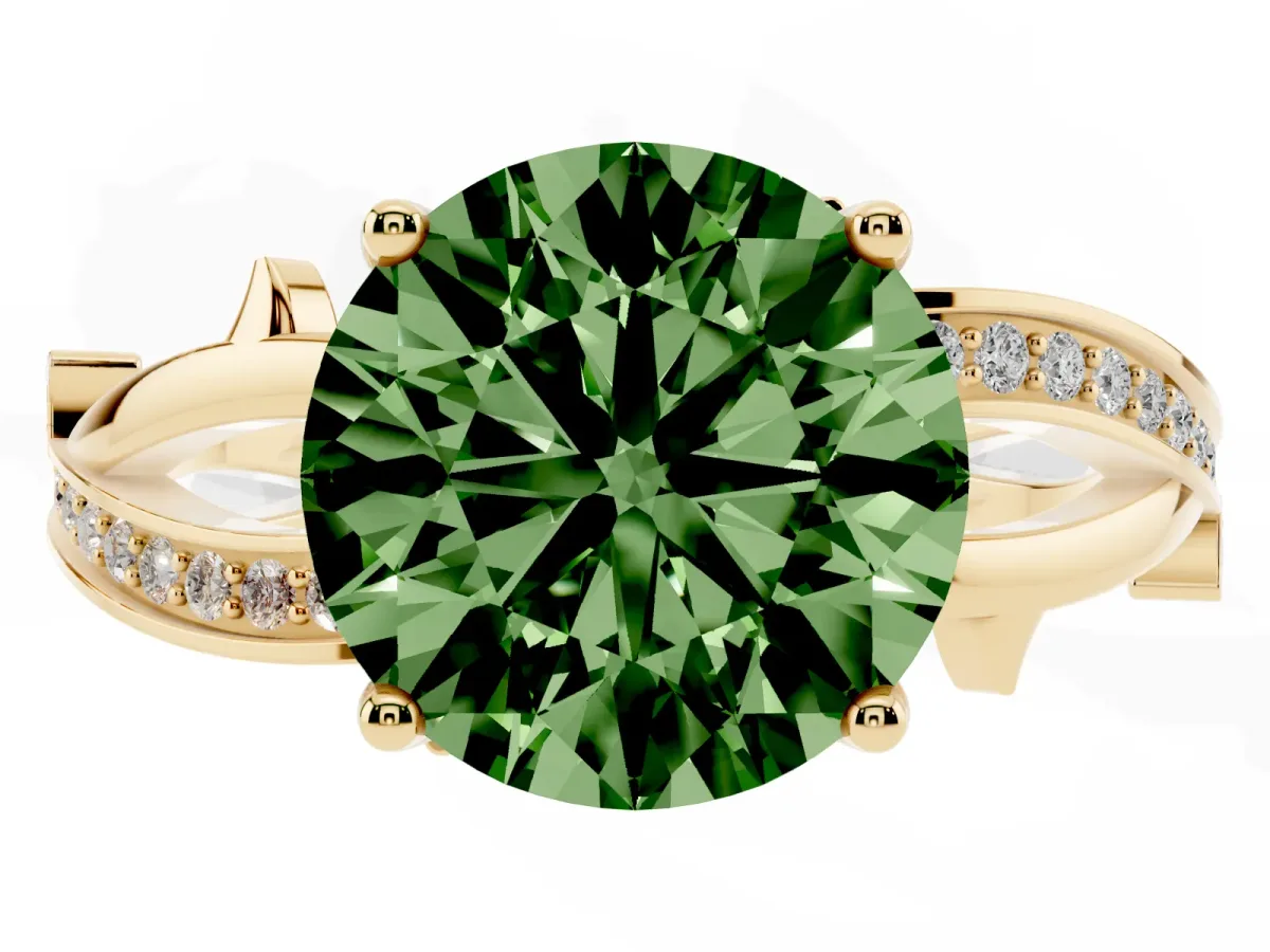 Fancy Green Round Cut Solitaire Twist Band with Pavé Accents and Four-Prong Setting Yellow gold
