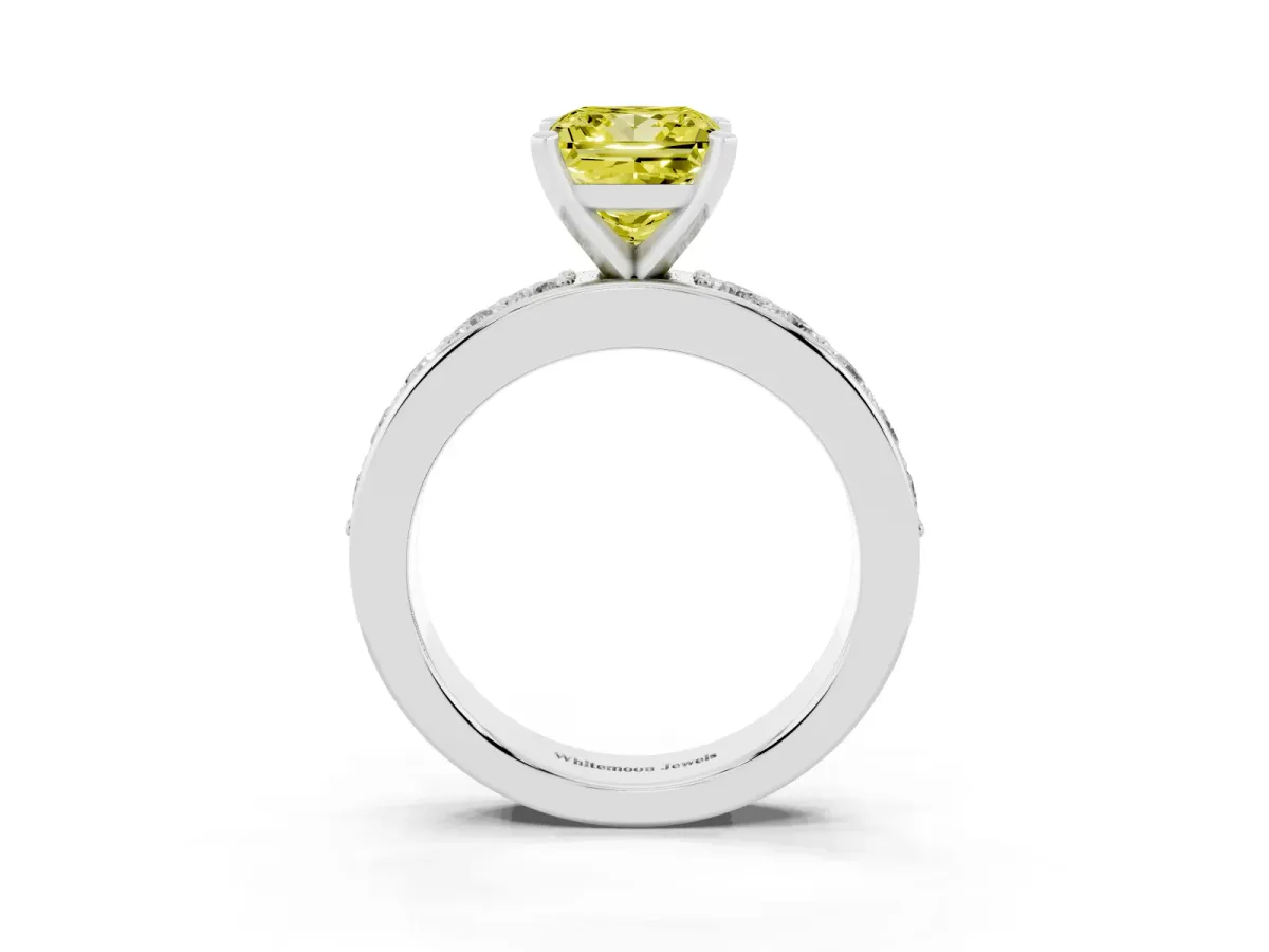 Fancy Yellow Princess Cut Diamond Engagement Ring with Channel Set Round Band and Prong Setting Platinum