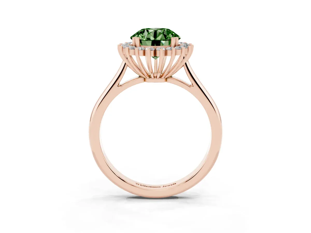 Fancy Green Round Cut Cut Diamond Halo Ring with Solitaire Band and Prong Setting Rose gold