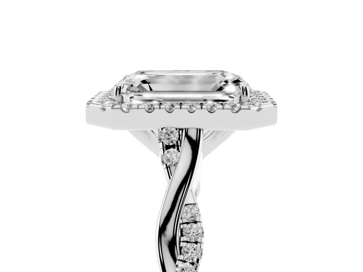 Emerald Cut Halo Twist Band Solitaire Ring Silver