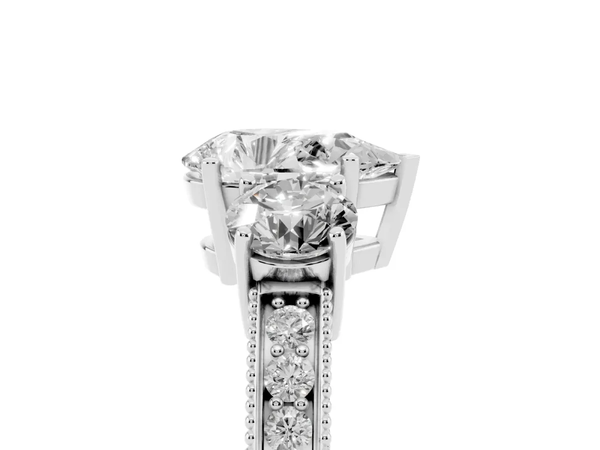 Pear Cut Three-Stone Diamond Ring with Pavé Band and Four-Prong Setting Silver