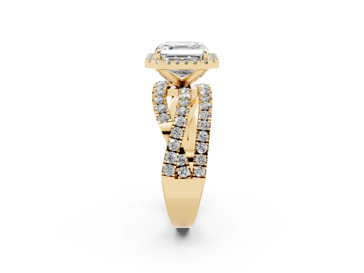 Asscher Cut Diamond Halo Ring with Round Split Shank and Prong Setting Yellow gold