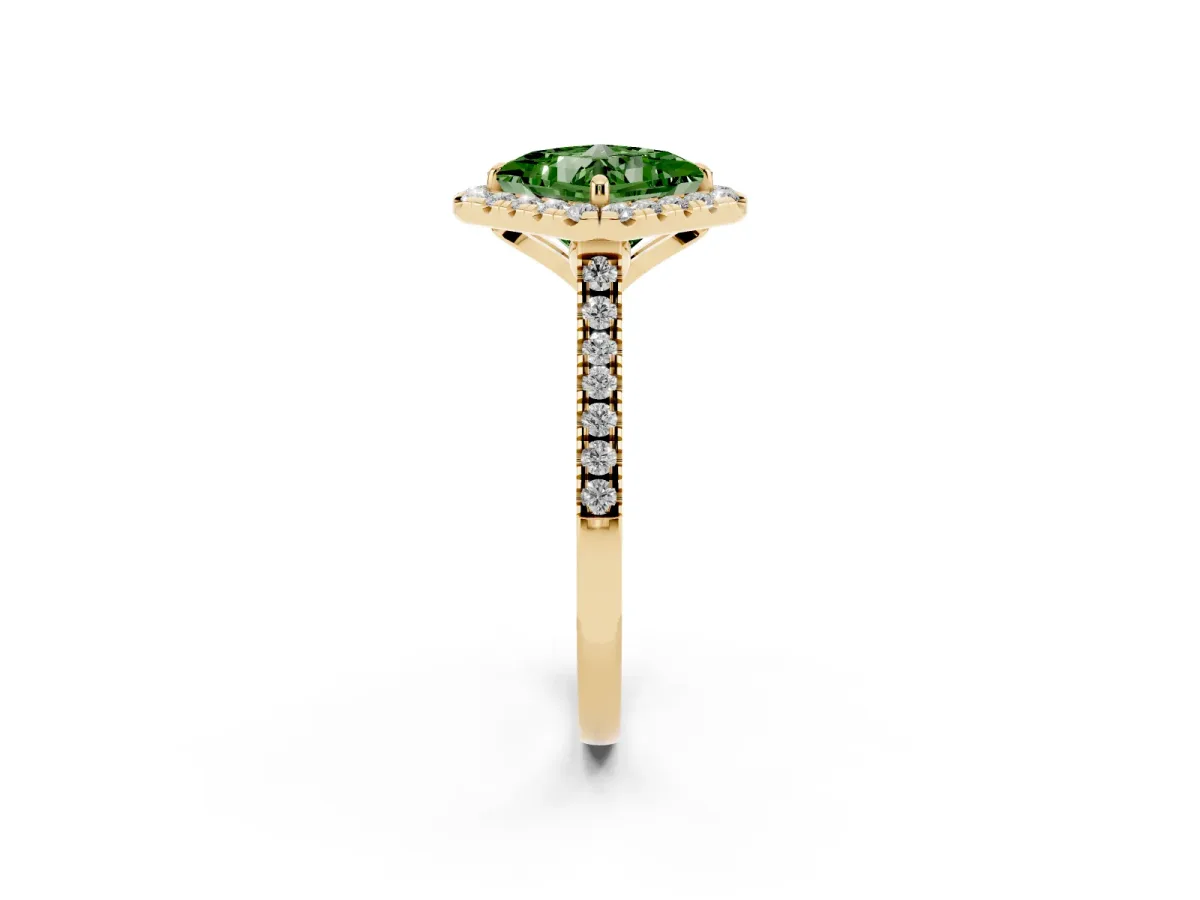 Fancy Green Princess Cut Diamond Cushion Halo Ring with Pavé Band Yellow gold