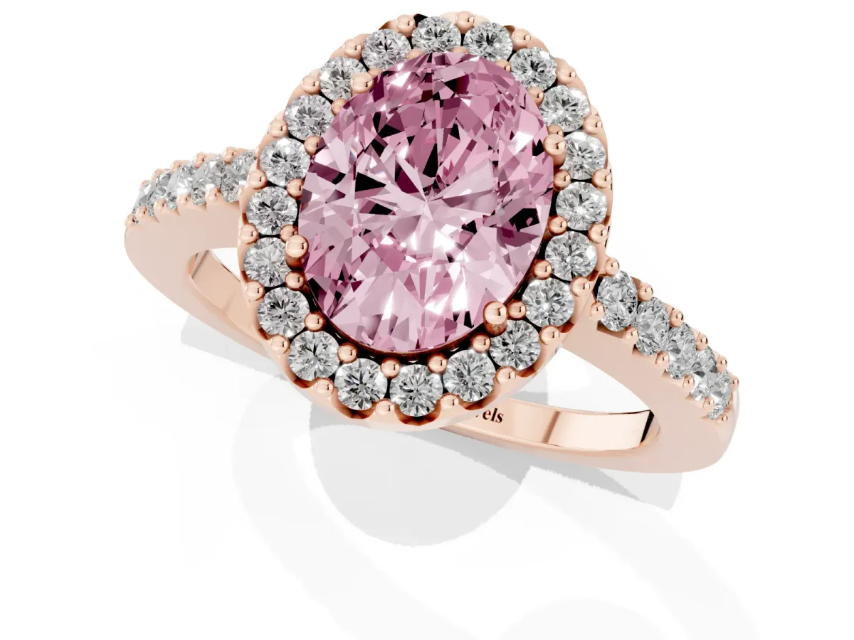 Fancy Pink Oval Cut Halo Diamond Pavé Solitaire Ring Rose gold
