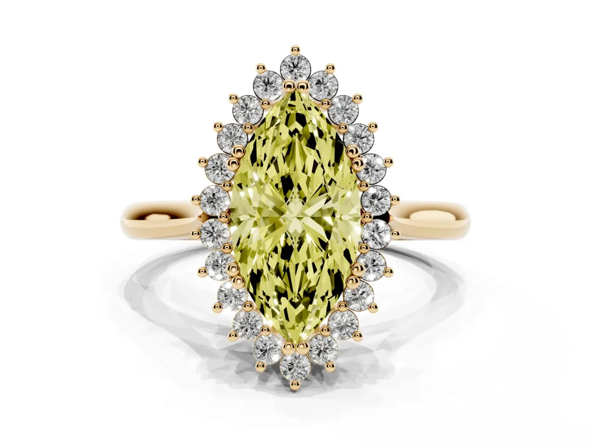 Fancy Yellow Marquise Cut Cut Diamond Halo Ring with Solitaire Band and Prong Setting Yellow gold