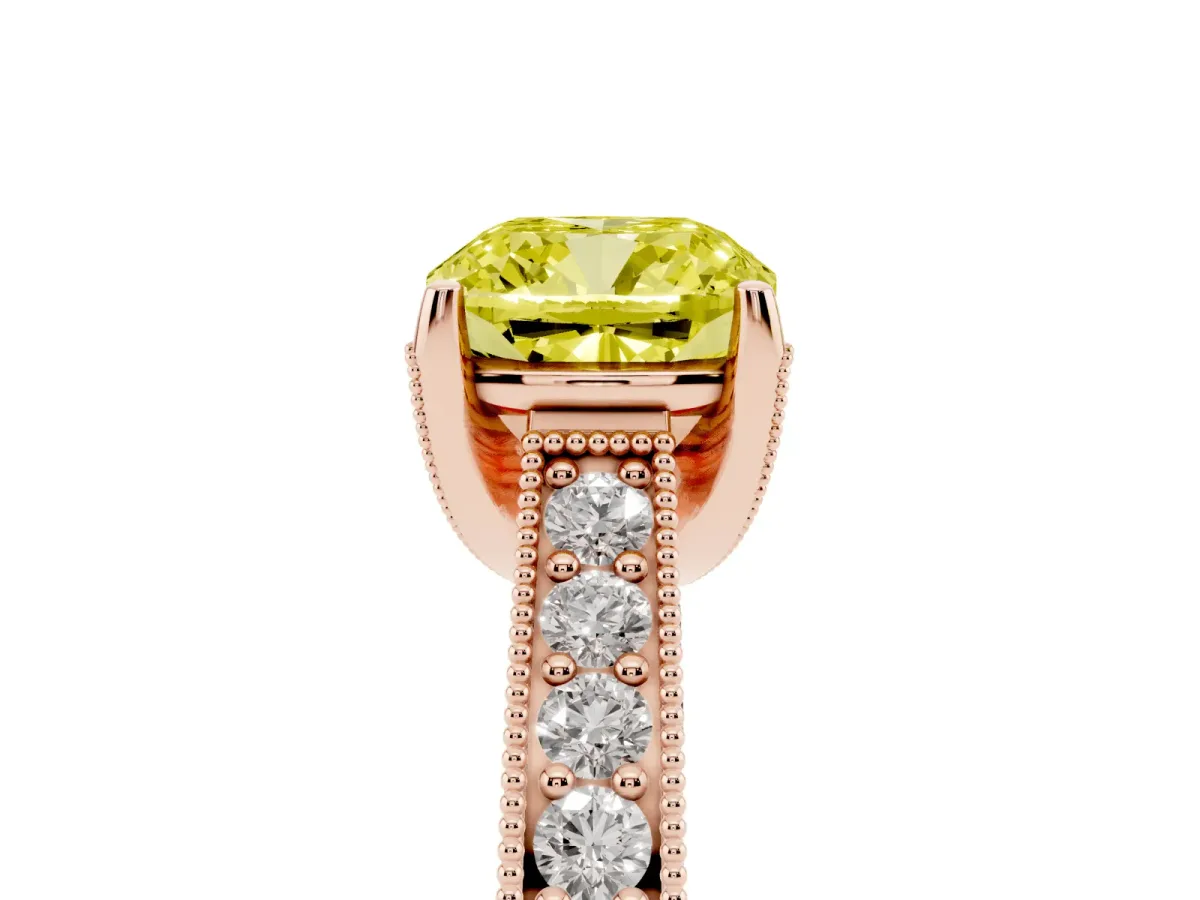 Fancy Yellow Cushion Cut Cut Diamond Solitaire Ring with Milgrain Pave Band and Four Prong Setting Rose gold
