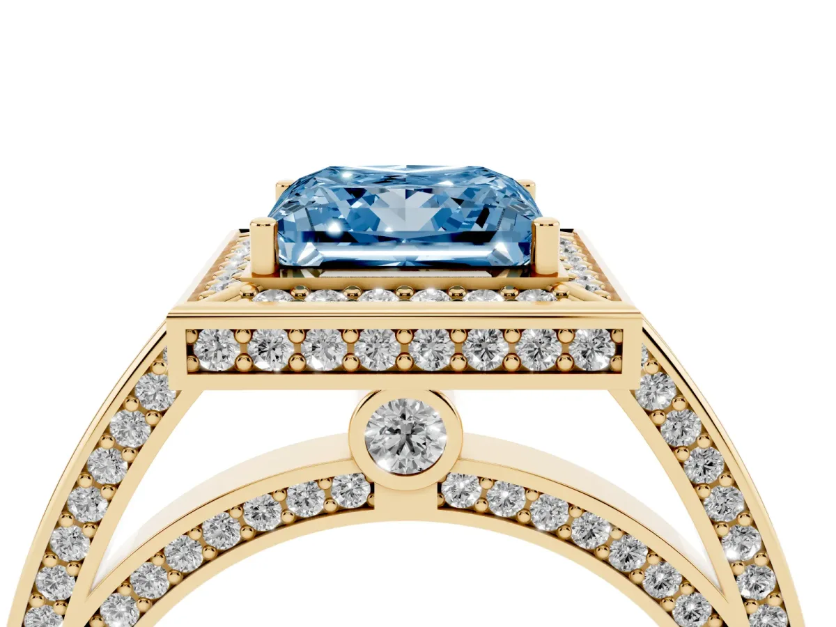 Fancy Blue Princess Cut Cut Halo Pave Split Shank Prong Setting Ring Yellow gold
